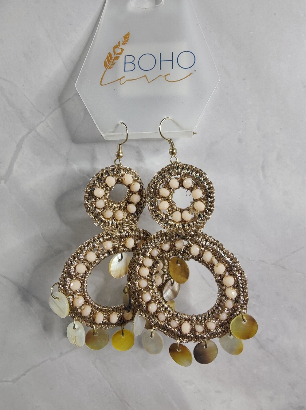 Boho Statement Beaded Drop Earrings Gold Peach Shell Disc Dangle NWT - Picture 5 of 5
